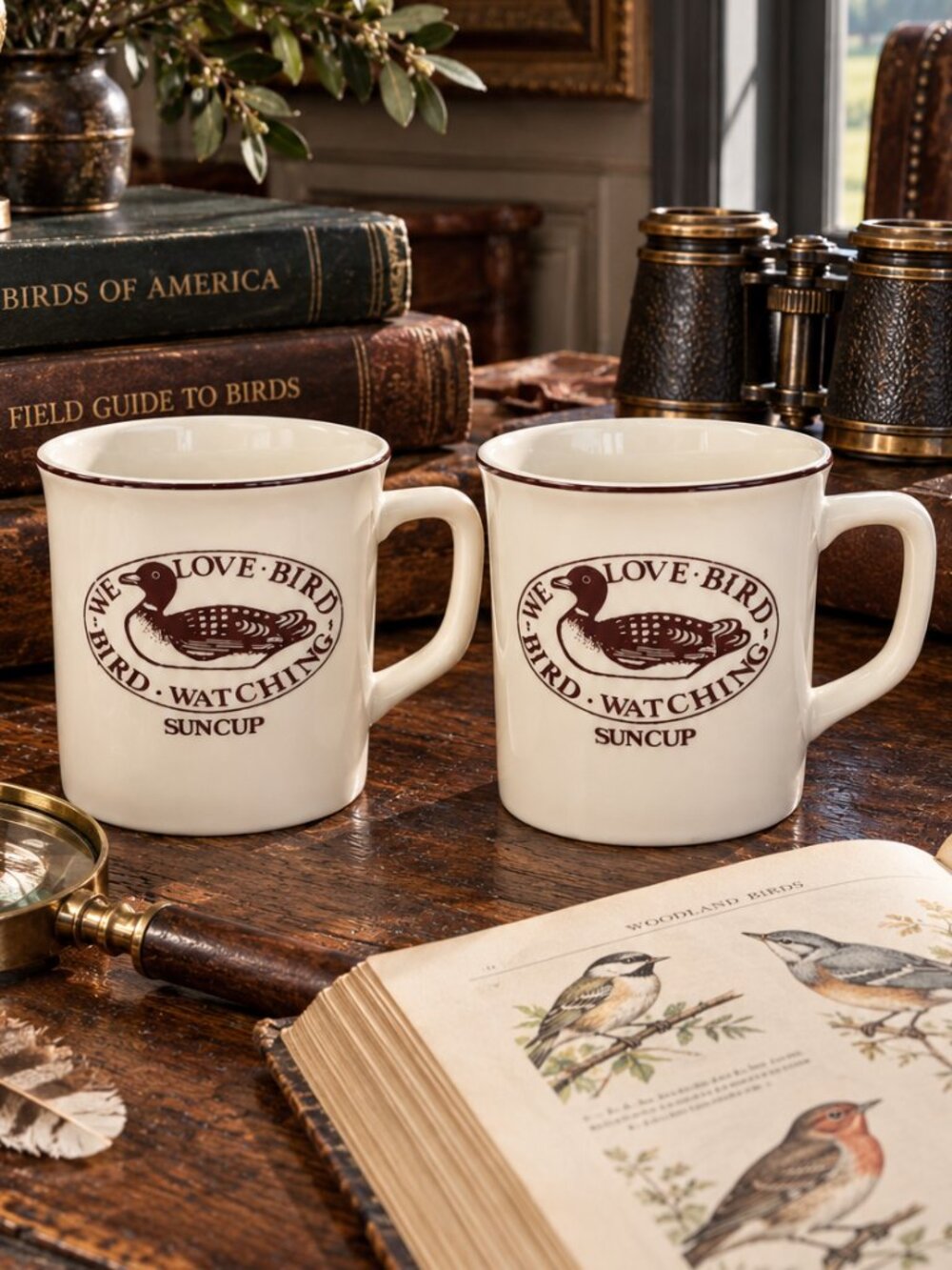Rare Vintage Brown Duck Stoneware Hand Painted Coffee Mugs